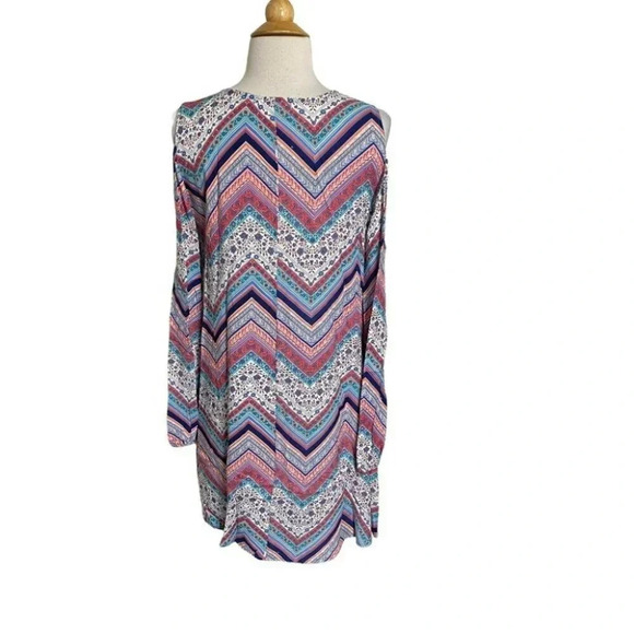 no comment M pink blue floral chevron print cold shoulder boho dress - Picture 5 of 7